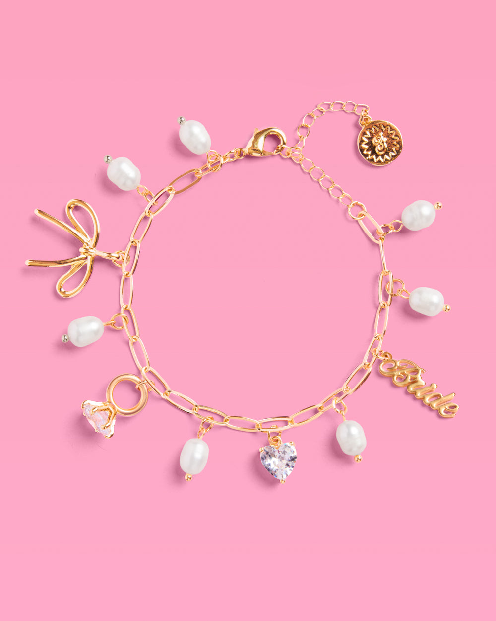 Bride Charm Bracelet - gold, rhinestones + pearls