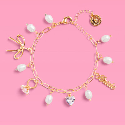 Bride Charm Bracelet - gold, rhinestones + pearls