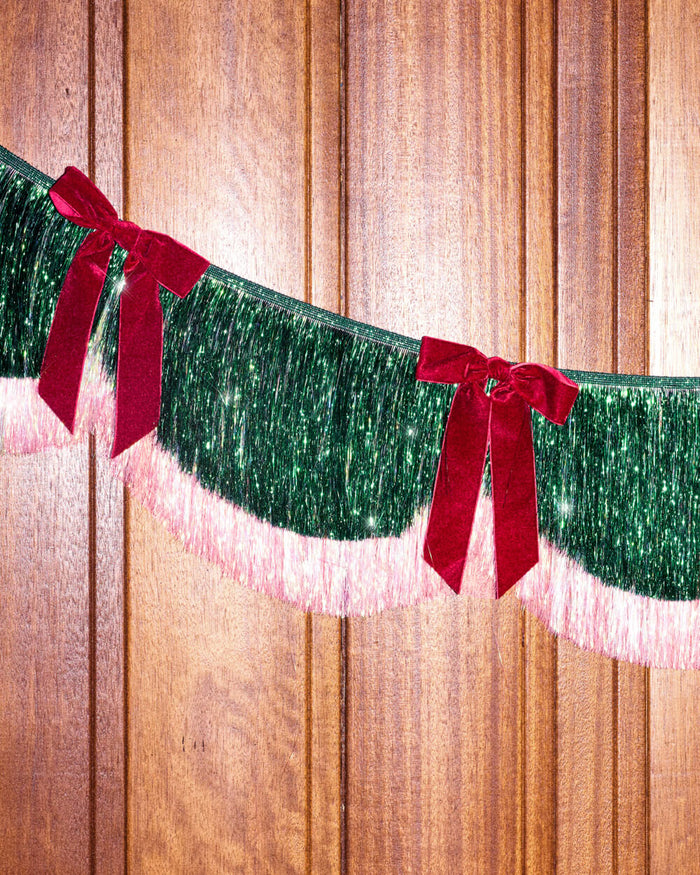 Christmas Bow Banner - fringe + velvet bows