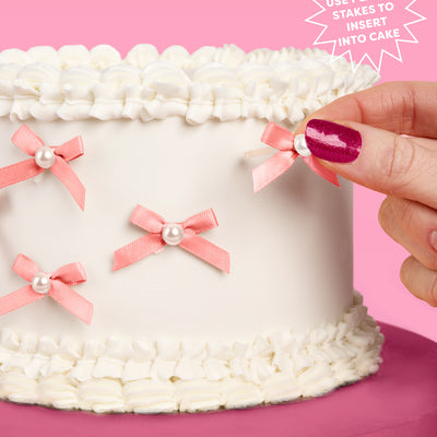 Pink Bow Cake Toppers - 12 pink + pearl cake toppers