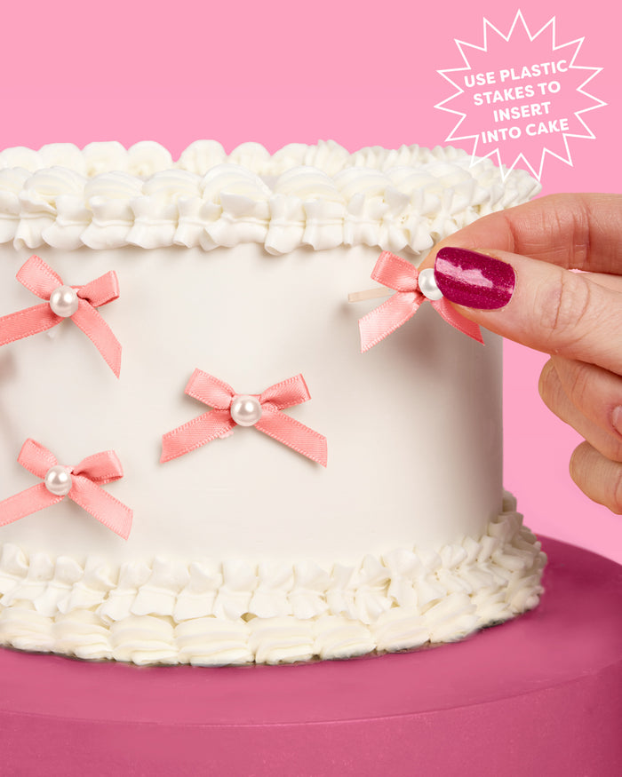 Pink Bow Cake Toppers - 12 pink + pearl cake toppers