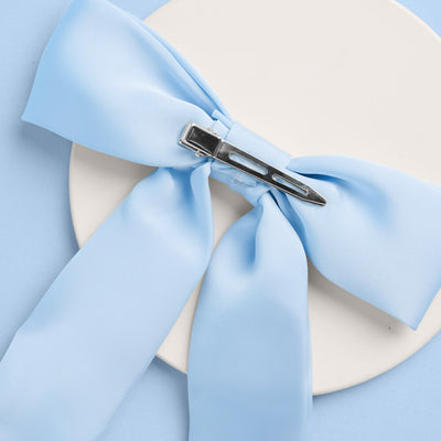 Bride To Be Pearl Bow - light blue satin + pearl logo