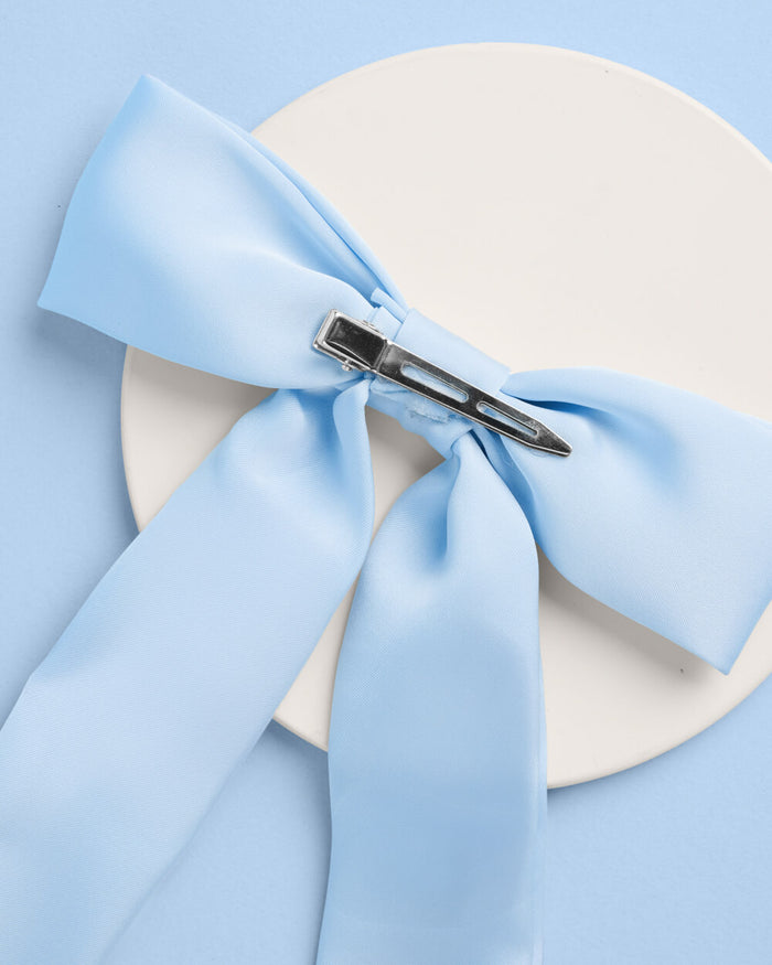 Bride To Be Pearl Bow - light blue satin + pearl logo