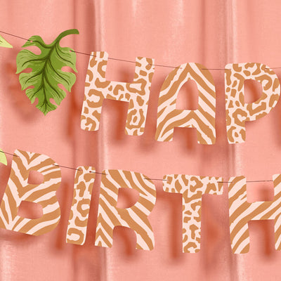 Safari Birthday Banner - animal print + leaf icons