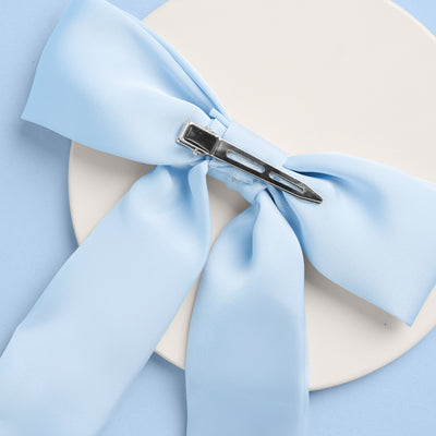 Bride To Be Pearl Bow - light blue satin + pearl logo