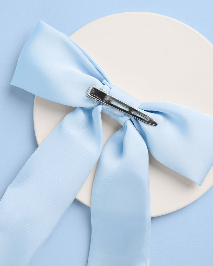 Bride To Be Pearl Bow - light blue satin + pearl logo