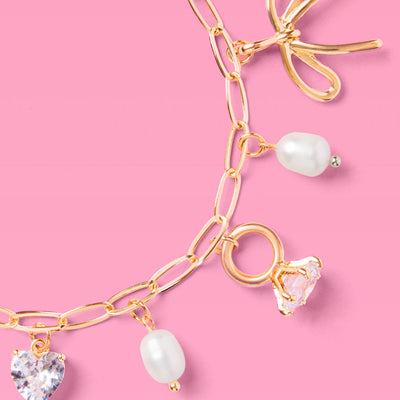 Bride Charm Bracelet - gold, rhinestones + pearls