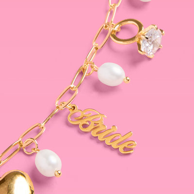 Bride Charm Necklace - gold, rhinestones + pearls