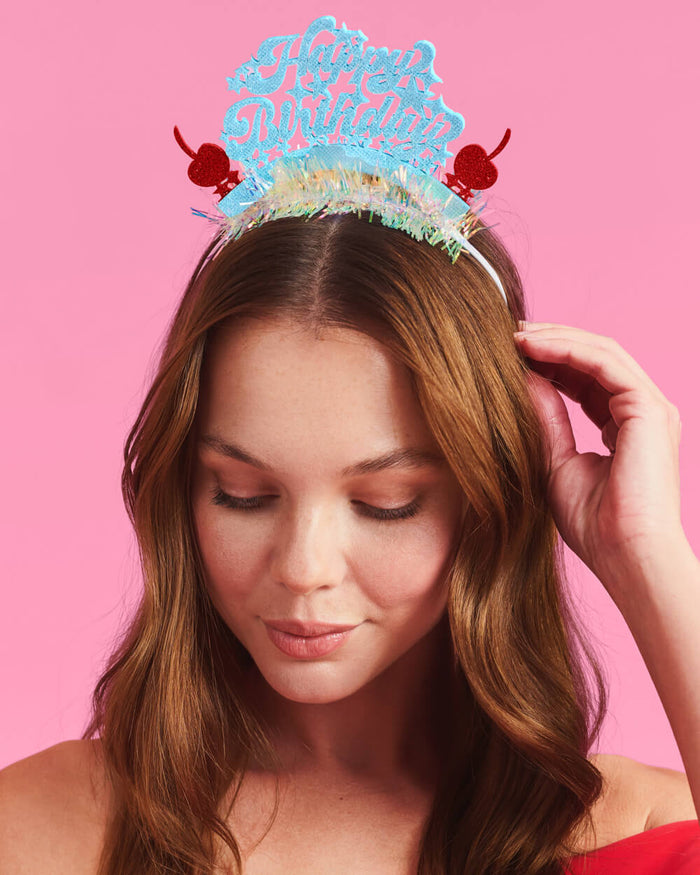 HBD Headband - cherry tinsel headband