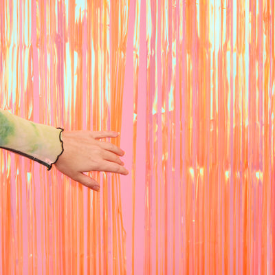 Orange Fringe Curtain Backdrop - iridescent foil banner