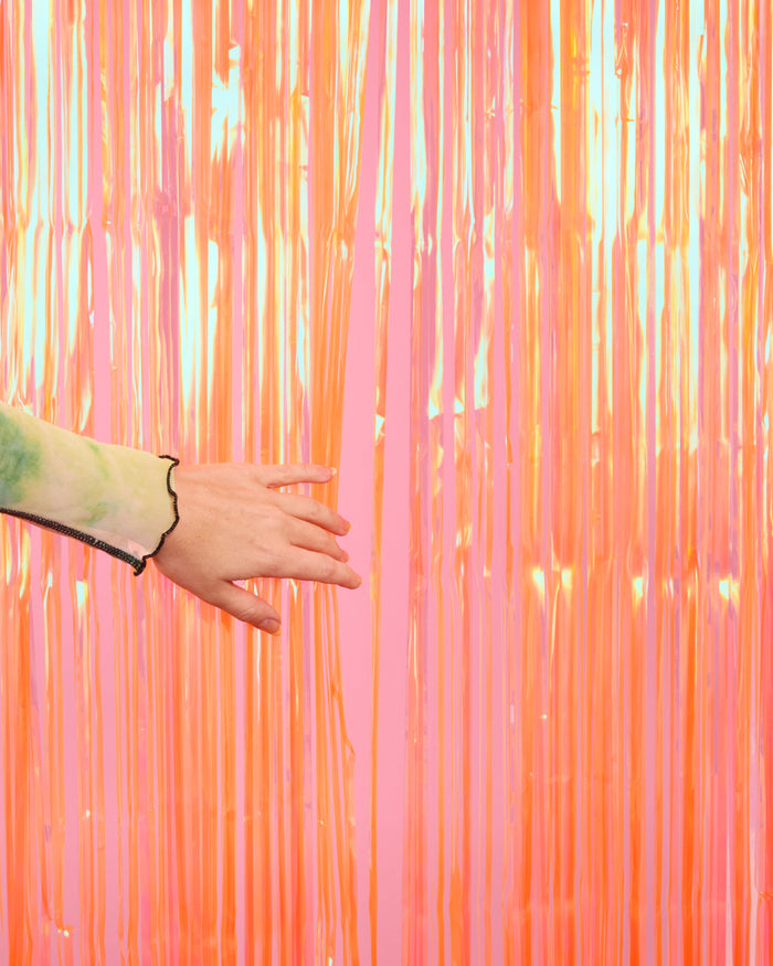 Orange Fringe Curtain Backdrop - iridescent foil banner