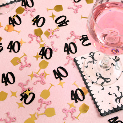 40th Birthday Confetti - pink, black + gold confetti