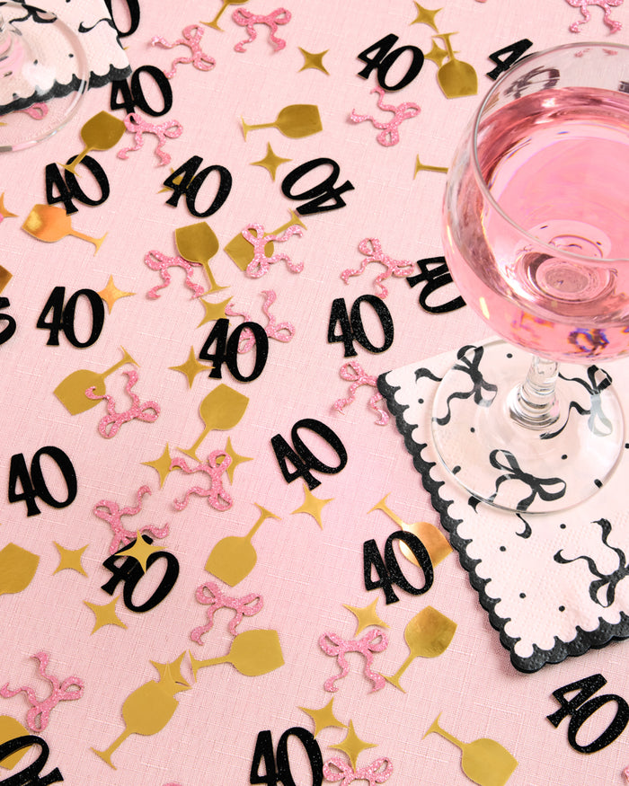40th Birthday Confetti - pink, black + gold confetti