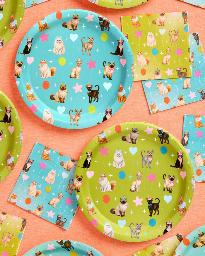 Cat Bday Bundle - banner, napkins, plates + party hats
