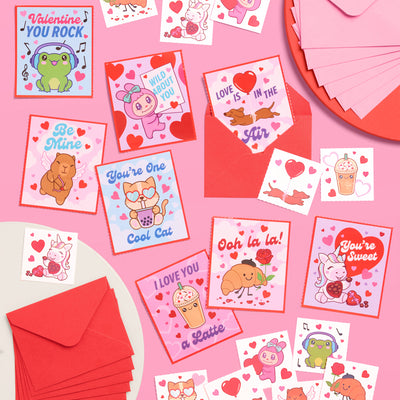 Kawaii V-Day Card Set - 24 cards + tattoos