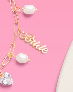 Bride Charm Bracelet - gold, rhinestones + pearls