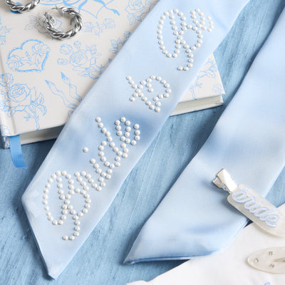 Bride To Be Pearl Bow - light blue satin + pearl logo