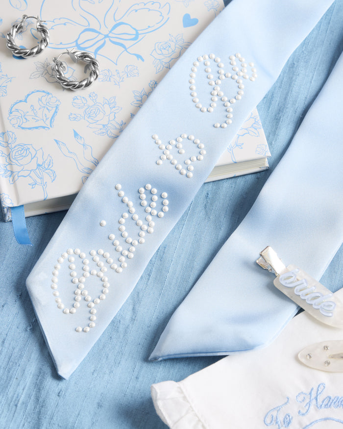 Bride To Be Pearl Bow - light blue satin + pearl logo