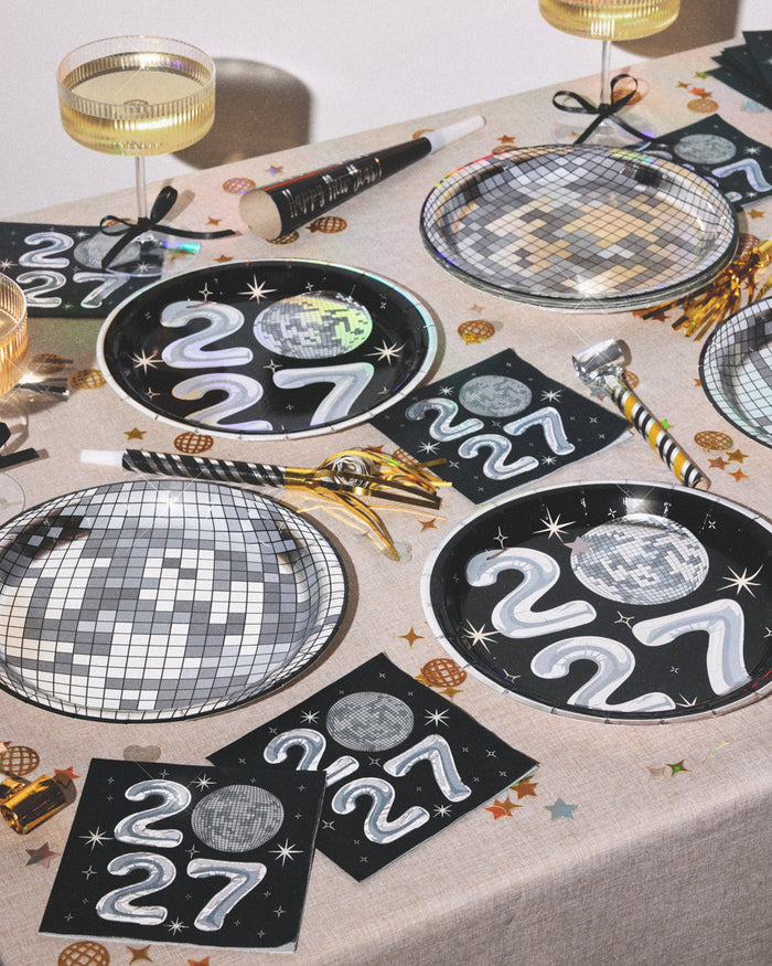 2027 NYE Disco Trio - napkins, plates, banner