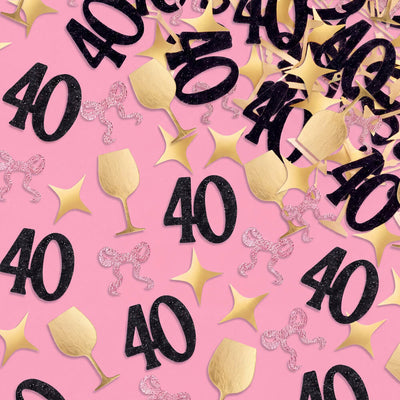 40th Birthday Confetti - pink, black + gold confetti