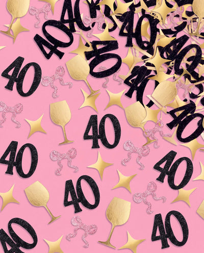 40th Birthday Confetti - pink, black + gold confetti