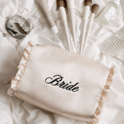 Embroidered Bride Satin Ruffle Cosmetic Bag - cream bag