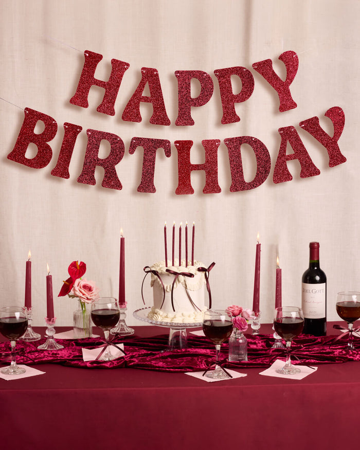 Happy Birthday Banner - 5 ft burgundy glitter banner