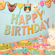 Cat Bday Bundle - banner, napkins, plates + party hats