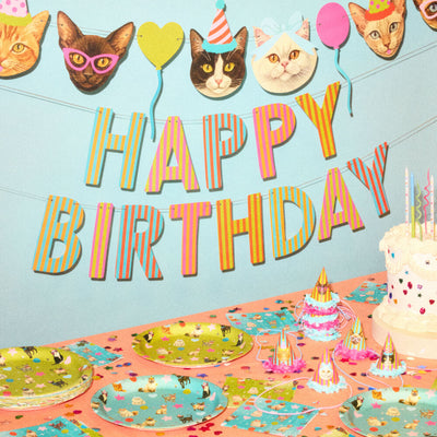 Cat Bday Bundle - banner, napkins, plates + party hats