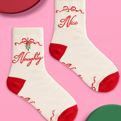 Naughty & Nice Knit Socks - cream crew socks