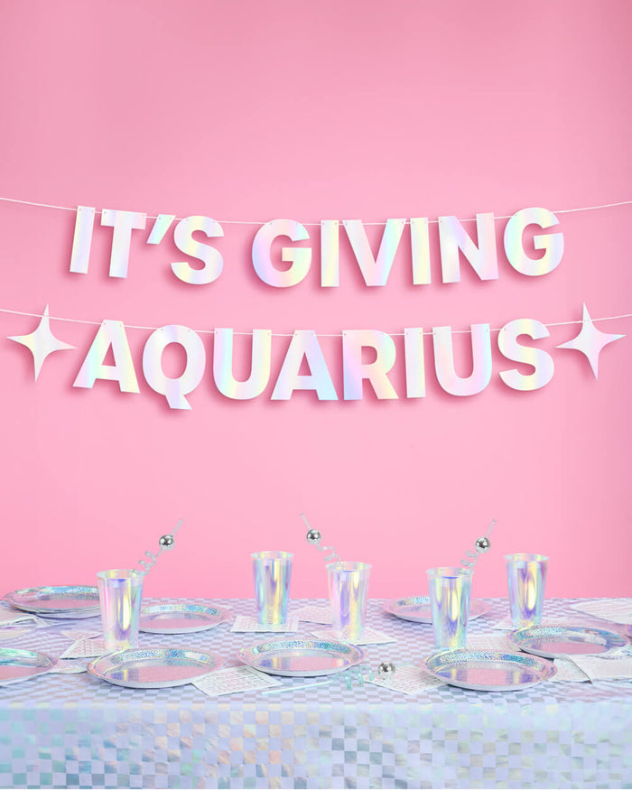 Xo, Fetti Aquarius Baby Birthday Banner - 5 Ft Iridescent Foil Zodiac Party Decor