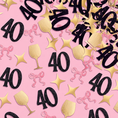 40th Birthday Confetti - pink, black + gold confetti