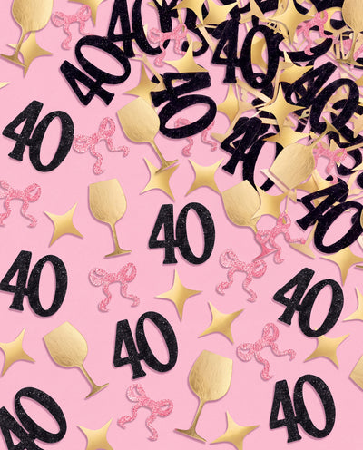 40th Birthday Confetti - pink, black + gold confetti