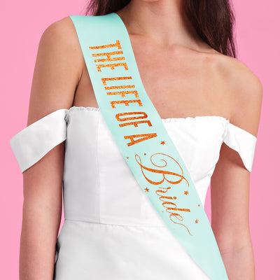 Life of A Bride Sash - aqua satin with orange foil