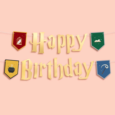Wizard Birthday Banner - gold foil + colored pendants