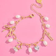 Bride Charm Bracelet - gold, rhinestones + pearls