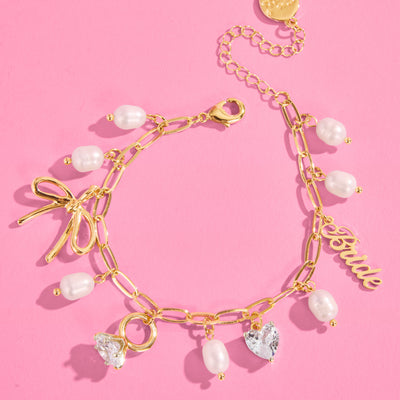 Bride Charm Bracelet - gold, rhinestones + pearls