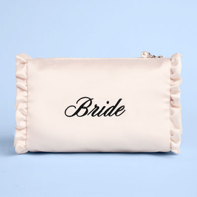 Embroidered Bride Satin Ruffle Cosmetic Bag - cream bag