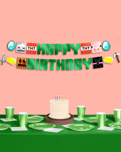 Pixel Mining Birthday Banner - mirrored green banner