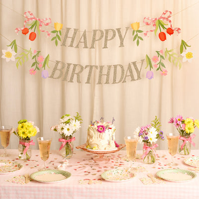 Floral Birthday Banner - gold glitter banner