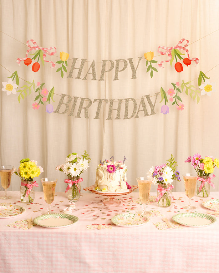 Floral Birthday Banner - gold glitter banner