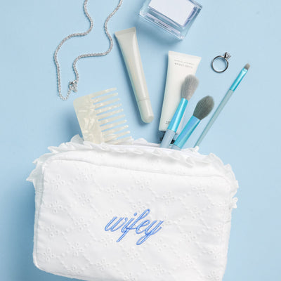 Wifey Eyelet Cosmetic Bag - white embroidered bag
