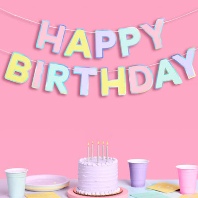 Happy Birthday Banner - pastel iridescent garland