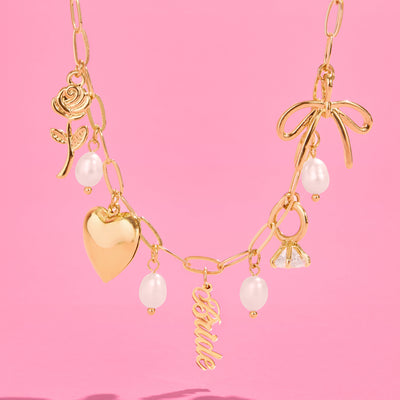 Bride Charm Necklace - gold, rhinestones + pearls