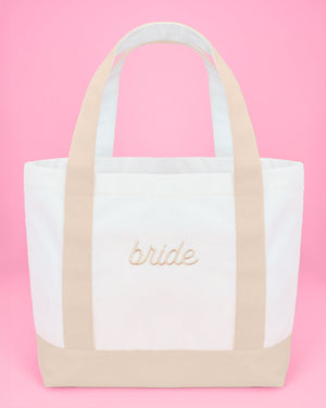 Beige Bride Tote - embroidered cotton tote