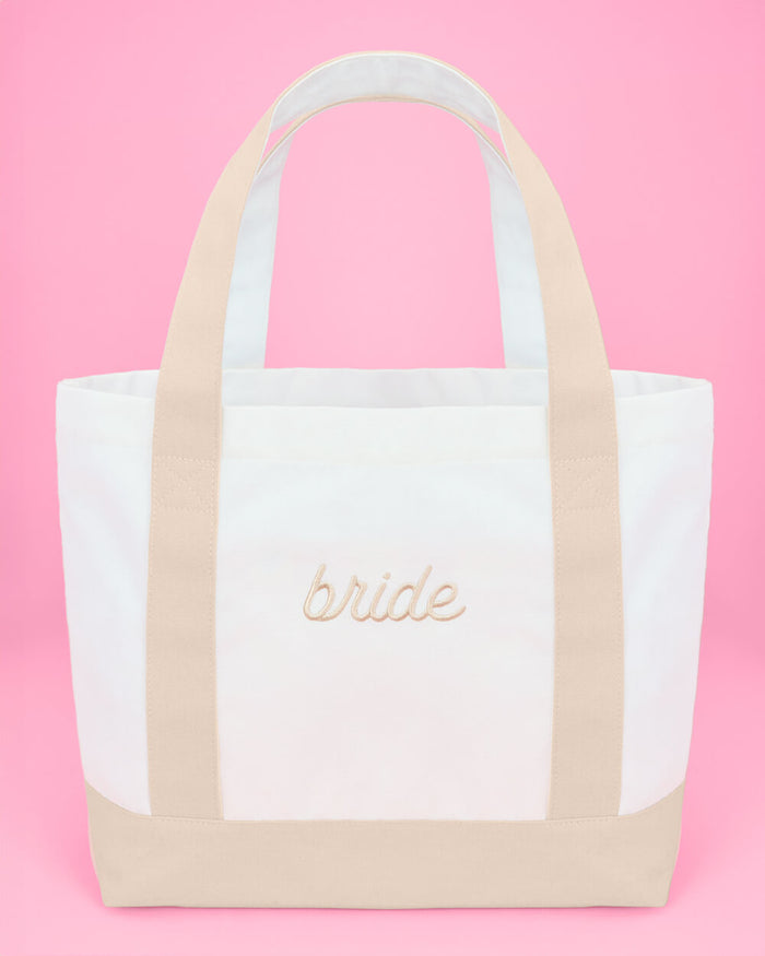 Beige Bride Tote - embroidered cotton tote