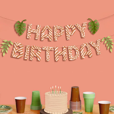 Safari Birthday Banner - animal print + leaf icons