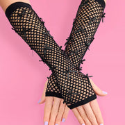 Blackout Gloves - fishnet bow gloves