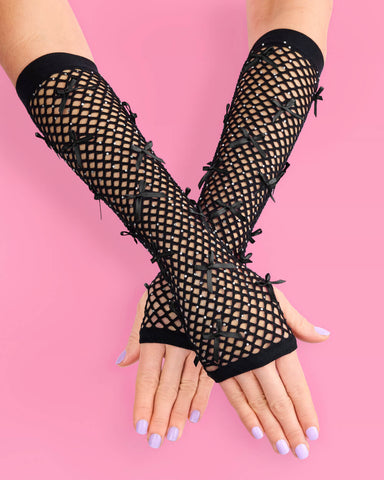 Blackout Gloves - fishnet bow gloves