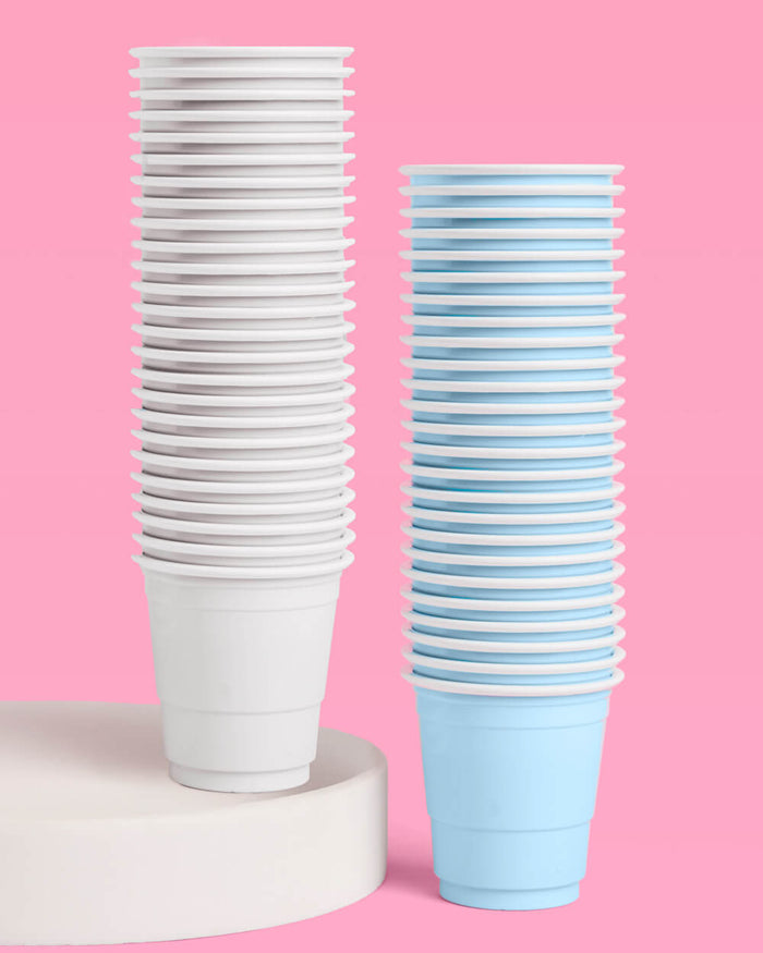 Blue + White Shot Glasses - 50 plastic shot glasses